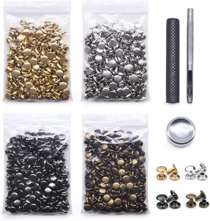 SEMINI 400 Sets Leather Rivets, Double Cap Rivet Tubular 4 Colors Brass Metal Studs with Fixing Tools for DIY Leather Craft/Clothes/Shoes/Bags/Belts Repair Decoration - Image 1